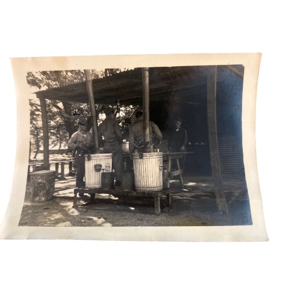 Vintage Black White Korean War Camp Photo Coffee Call Soldiers Coffee Equipment